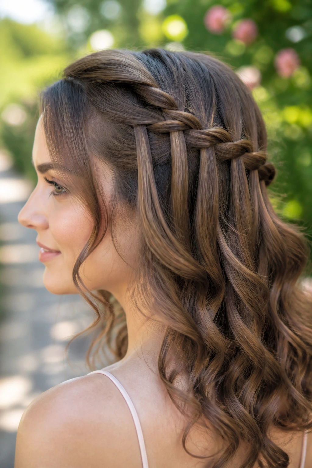 Close-up of a real woman with a waterfall braid and soft curls in garden light
