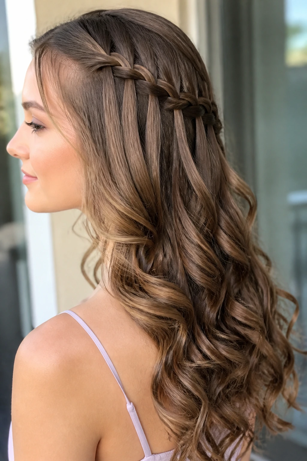 Side-profile of a teen with a waterfall braid and loose curls.