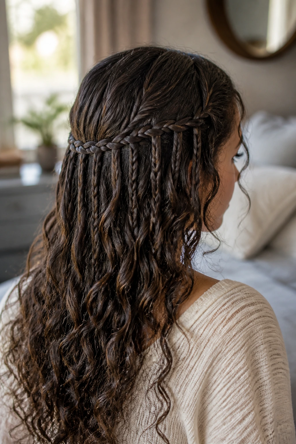 Medium close-up of waterfall micro-braid across back of head