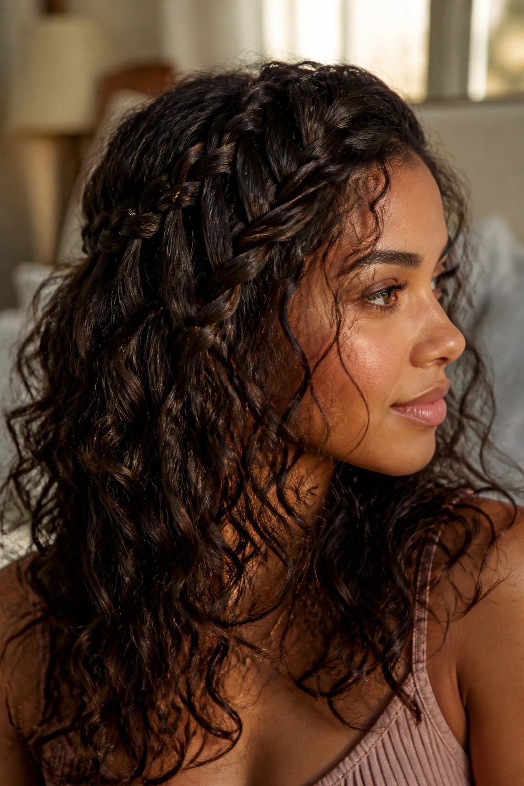 Close-up portrait of a real woman with a messy waterfall braid on curly hair