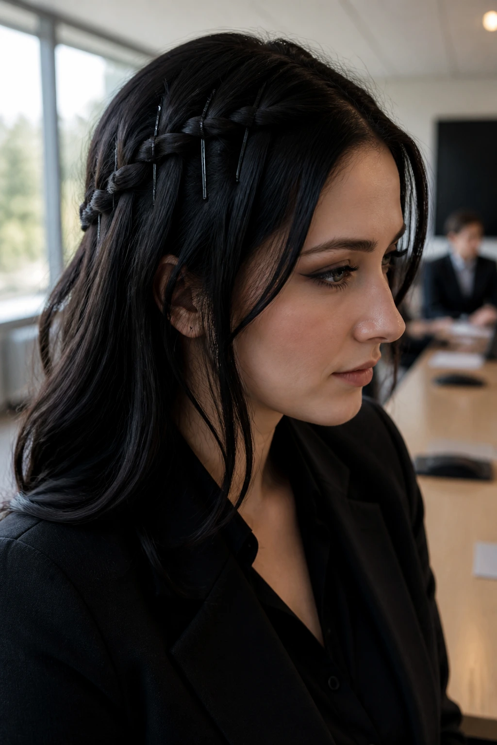 Close-up of waterfall braid with dark pins on a real person in an office.