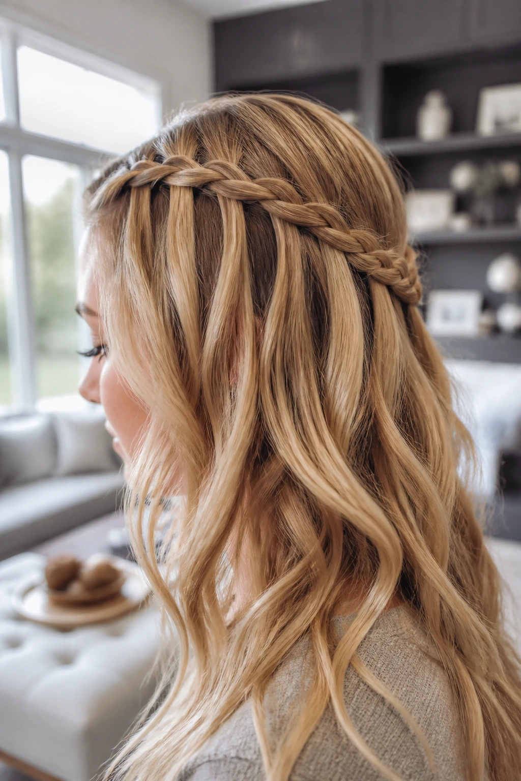 Close-up of a real woman with The Cascading Waterfall Braid along the temple.