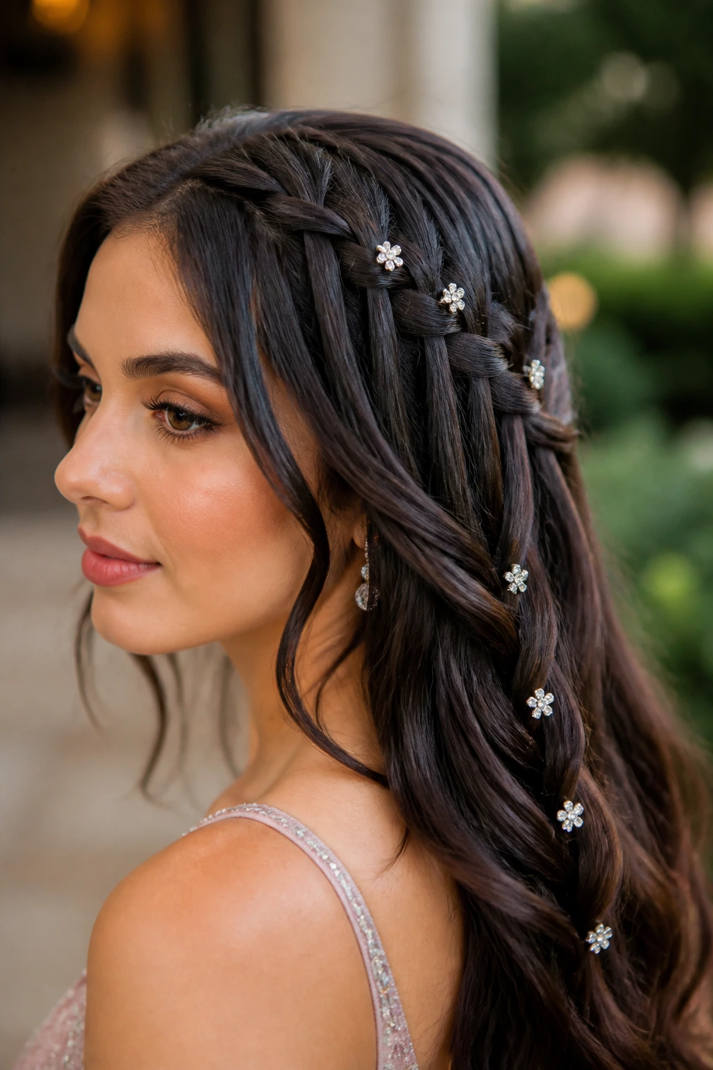 Close-up of waterfall braid with diamond clips on a real woman.