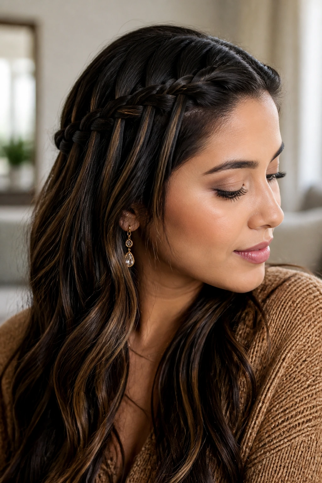 Real woman with a waterfall braid along the front