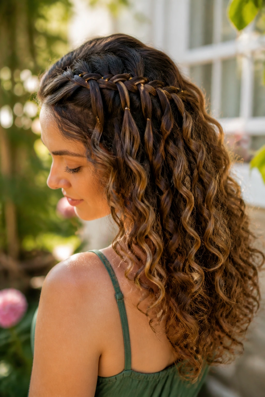 Side profile of a woman with waterfall braids and gold studs
