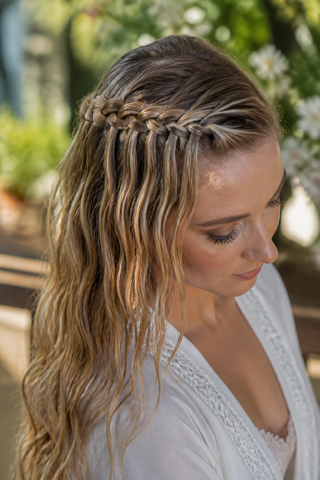 Real woman with a delicate waterfall side braid