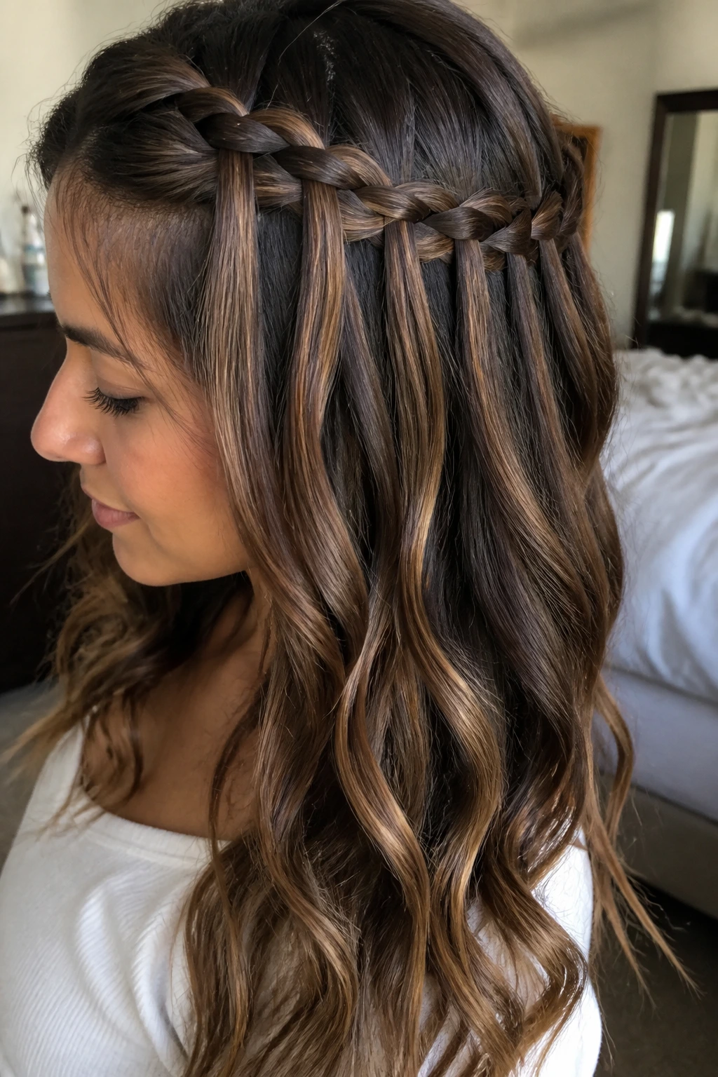Close-up of The Waterfall Braid on a real woman with cascading dropped strands
