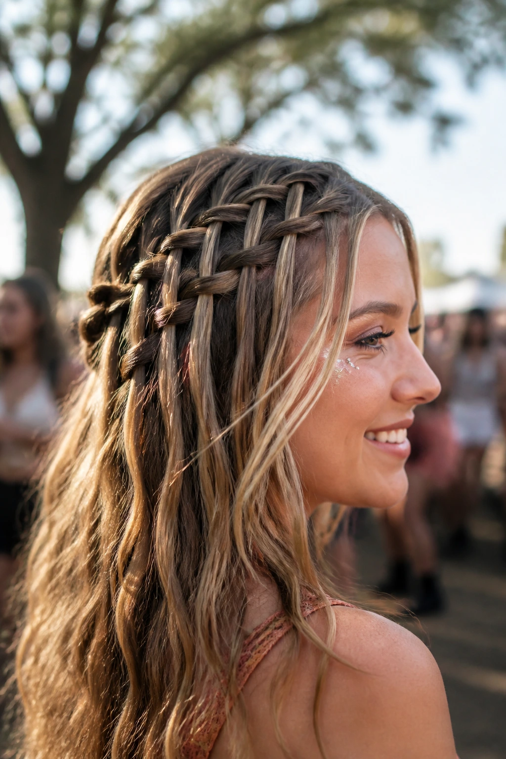 Close-up portrait of a real woman with a waterfall braid at a festival