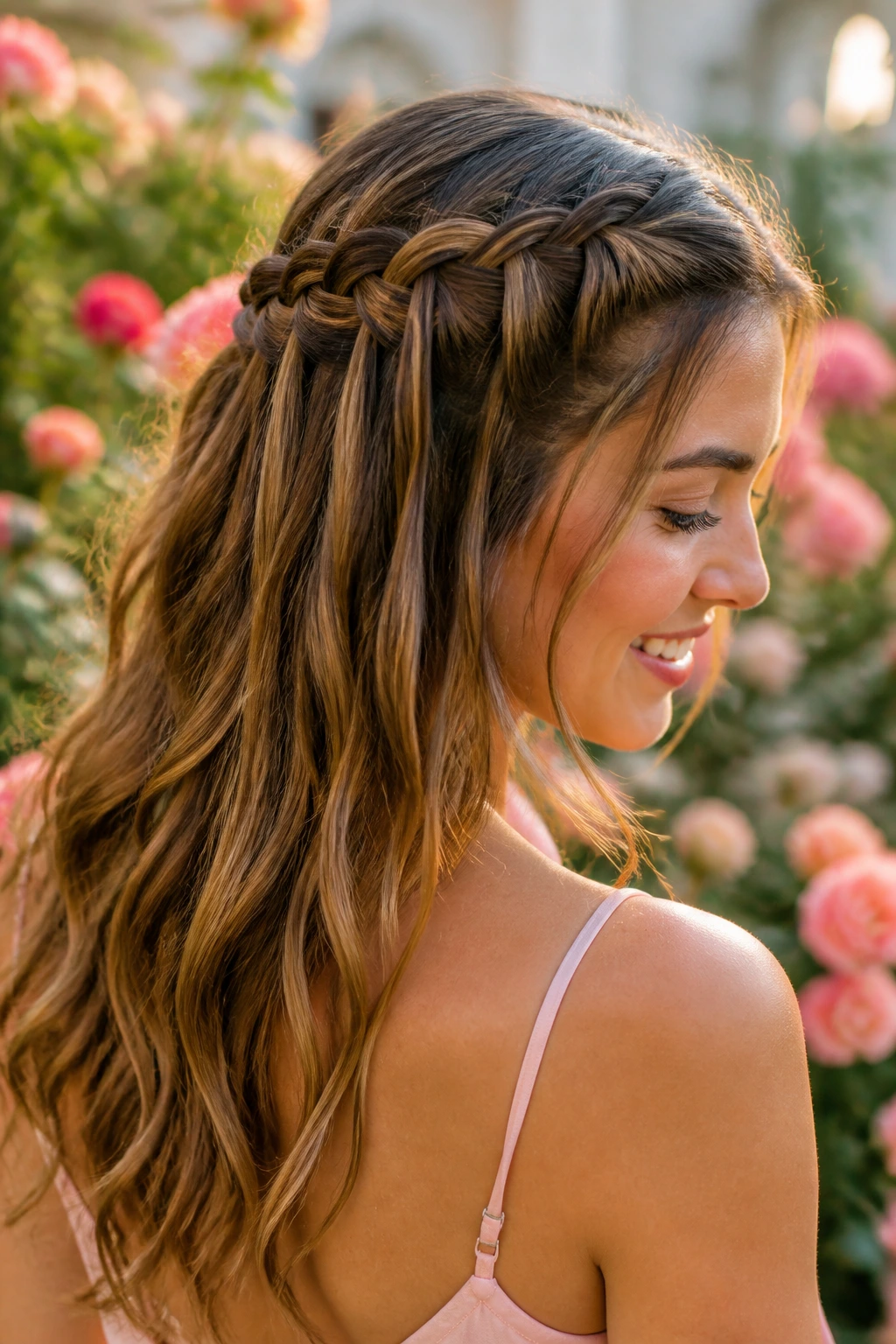 Close-up of a woman with a waterfall braid cascading on the side.