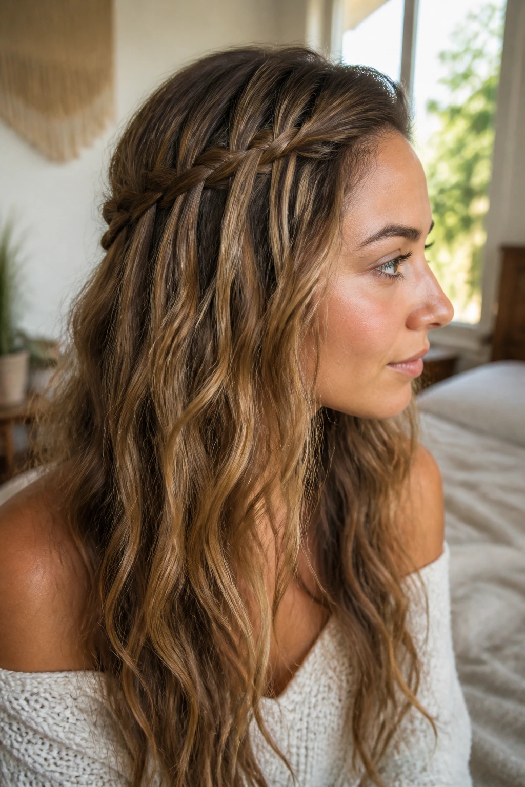 Close-up of a woman with a half-up waterfall braid at the temples