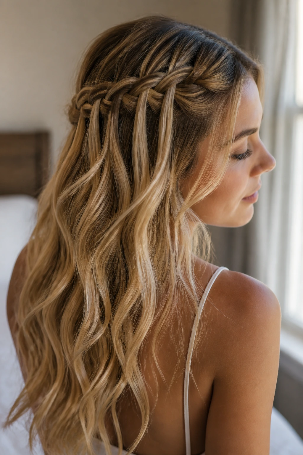 Close-up of a woman with a half-up waterfall braid in soft window light.