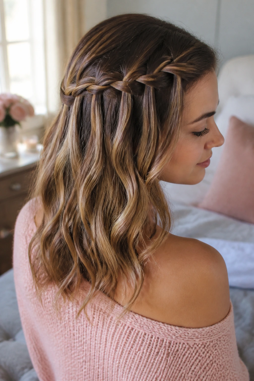 Portrait of a real woman with a half-up waterfall braid in soft window light
