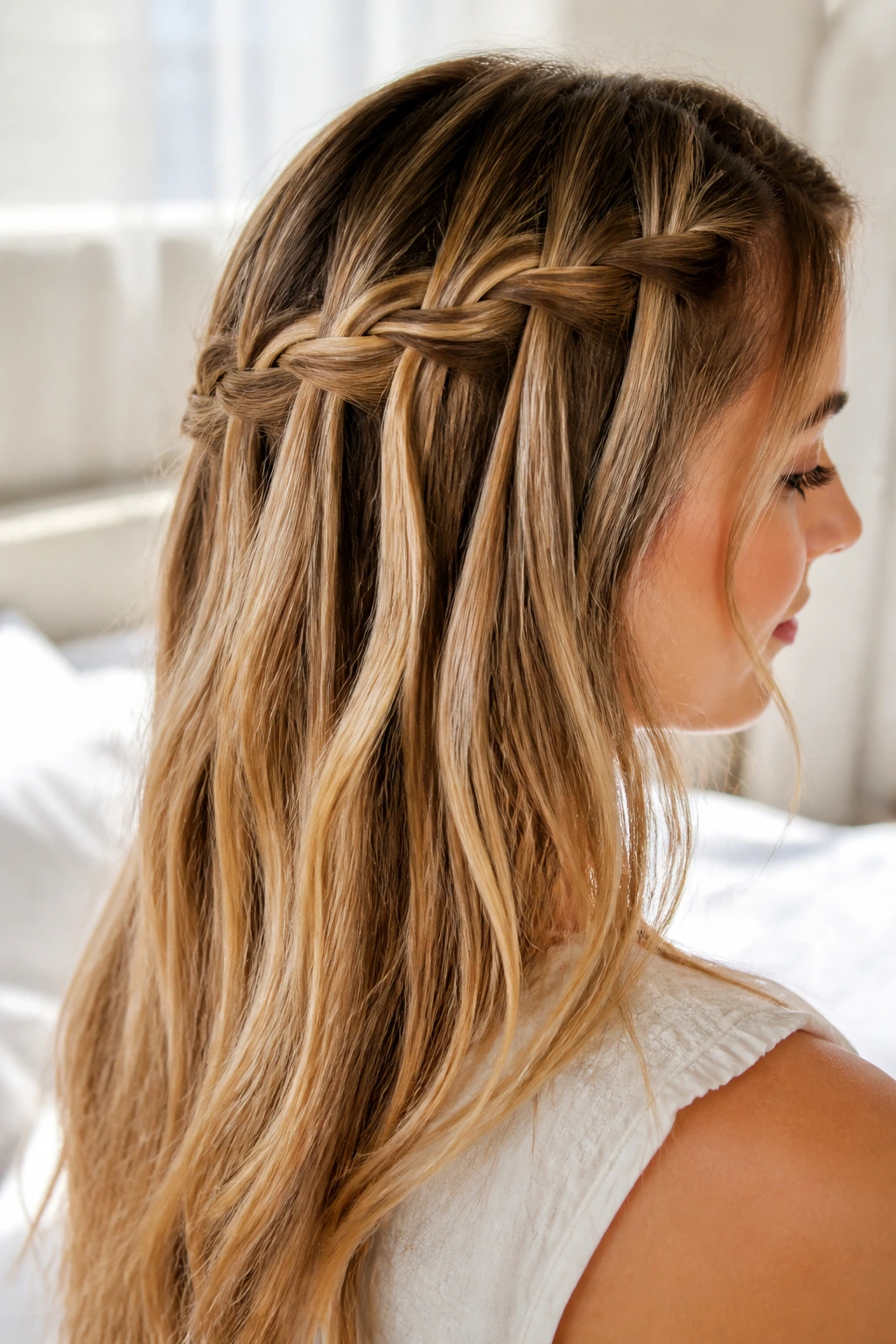 Close-up of a real woman with a half-up waterfall braid in a softly lit room.