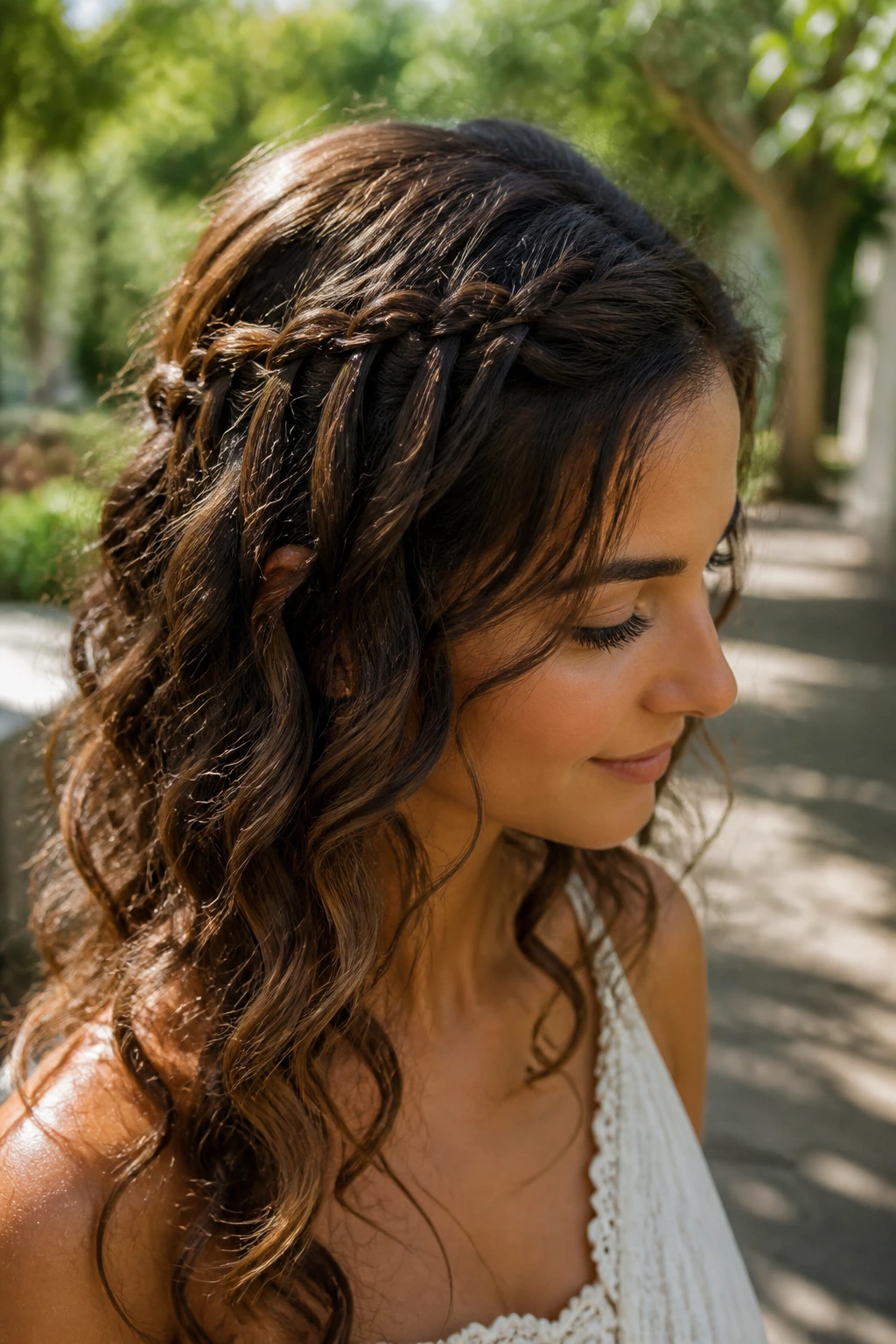 Woman with a waterfall headband hairstyle in garden light