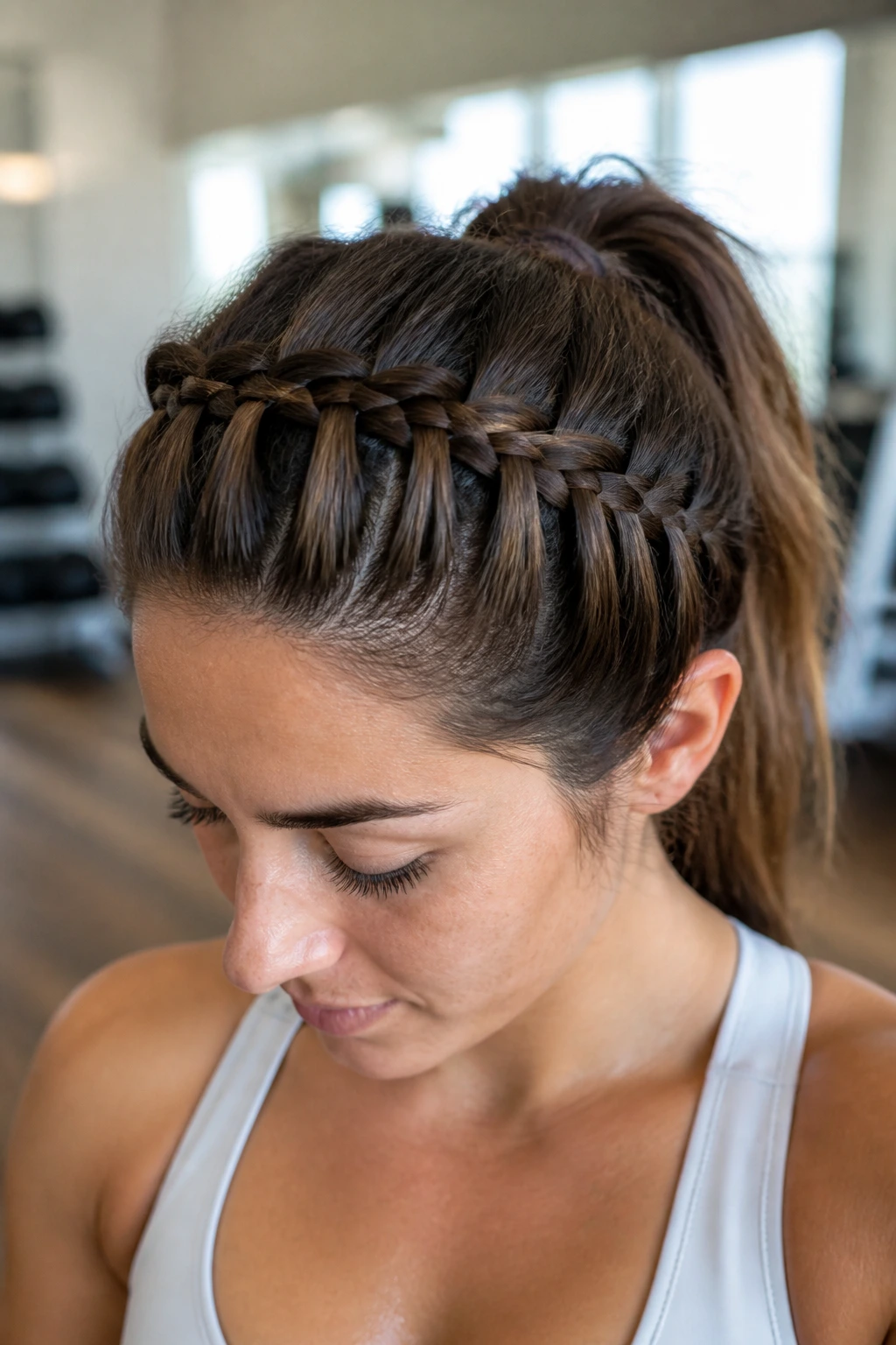 Close-up of a real person with a waterfall braid forming a headband across the top of the head
