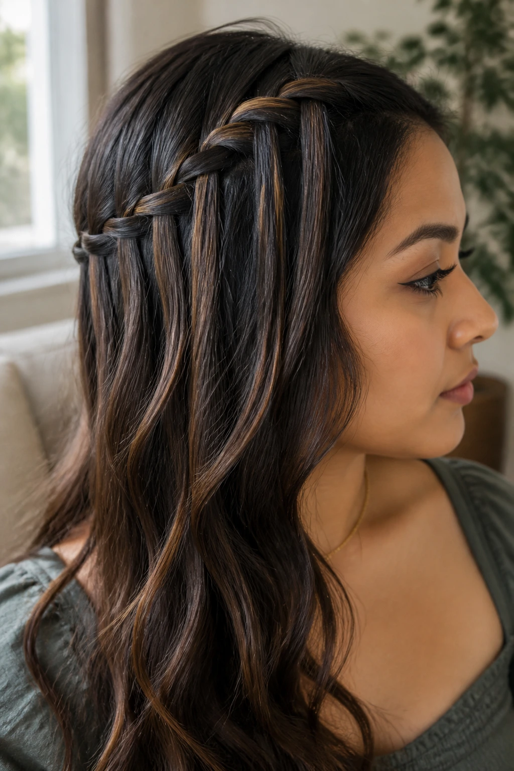 Close-up of a real woman wearing a waterfall lace braid along one side in a softly lit living room.