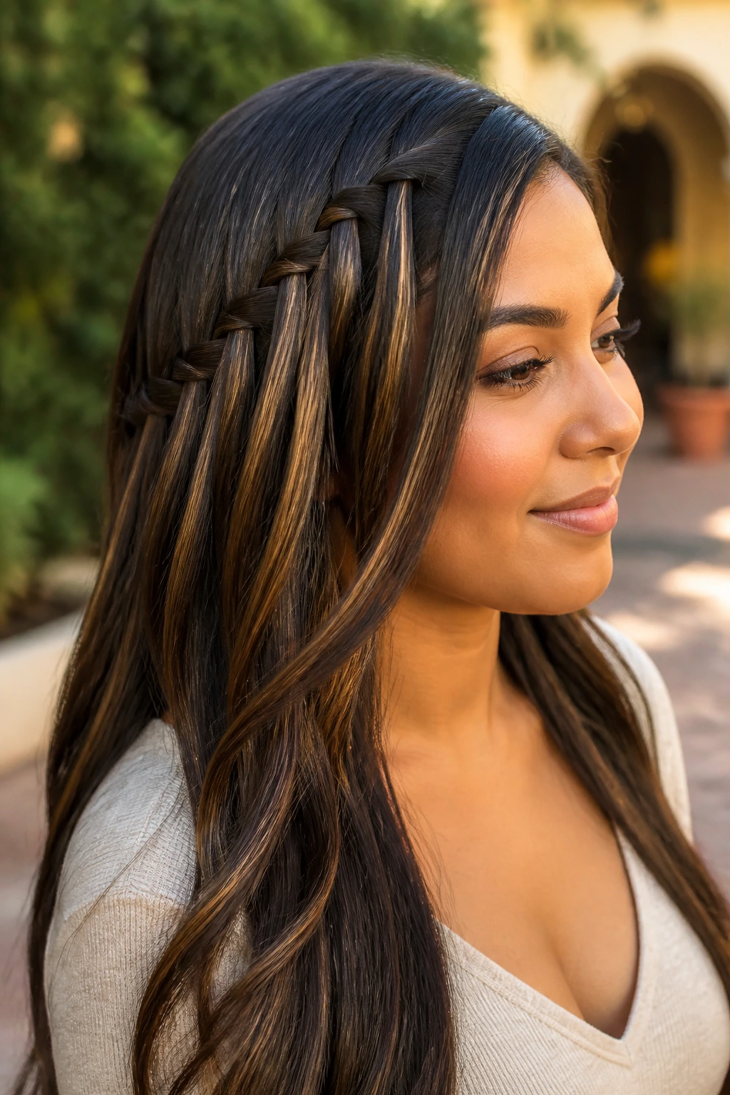Latina woman with a waterfall side braid in silk-pressed hair.