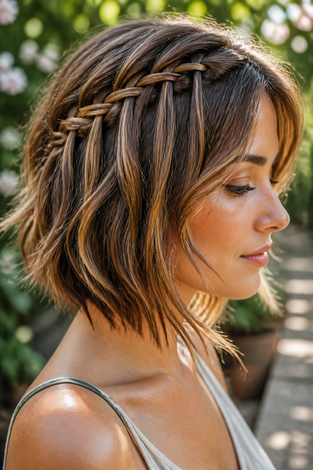 Close-up of a waterfall braid on a layered short hairstyle in an outdoor garden.