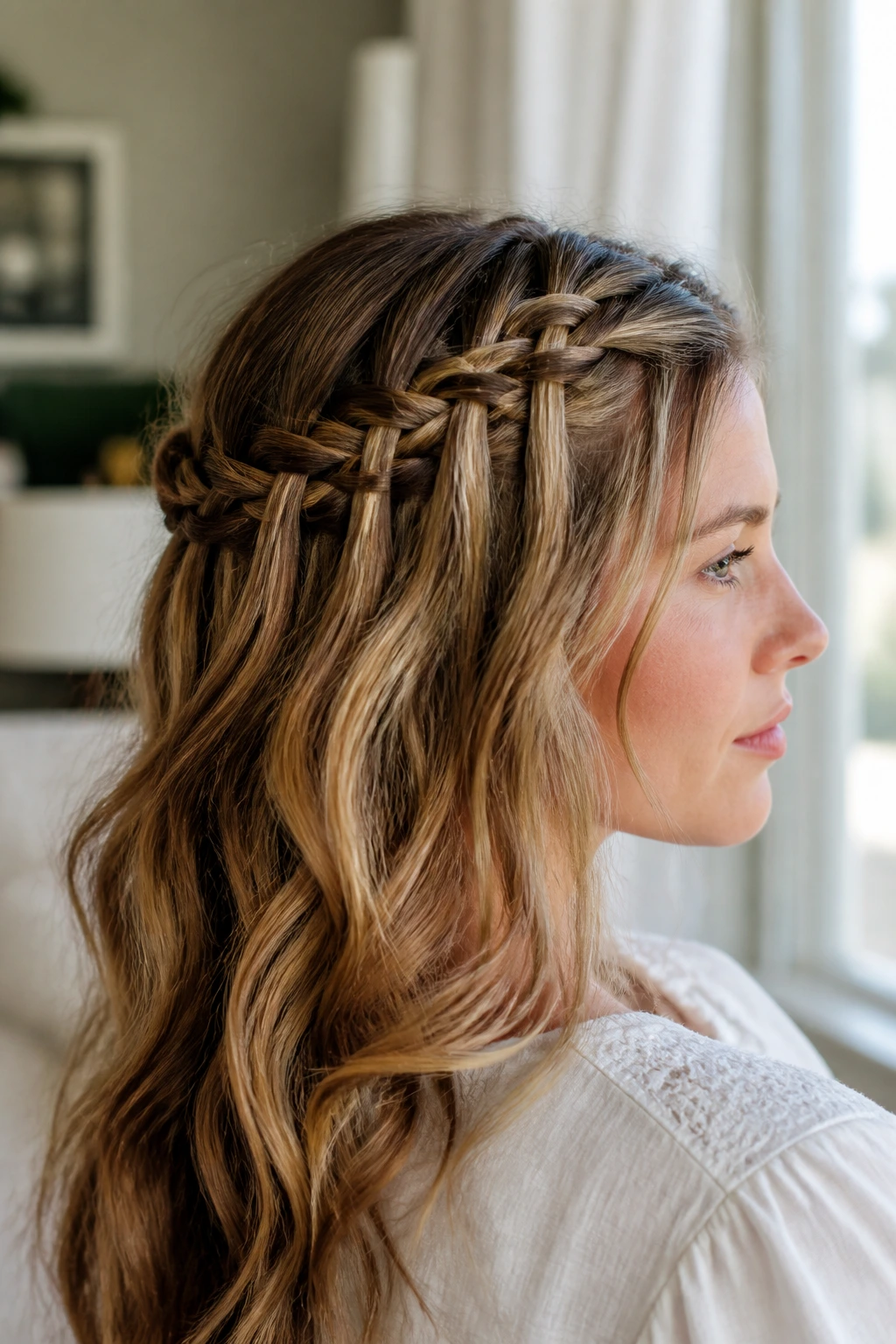 Close-up of a real woman with a waterfall braid and loose waves