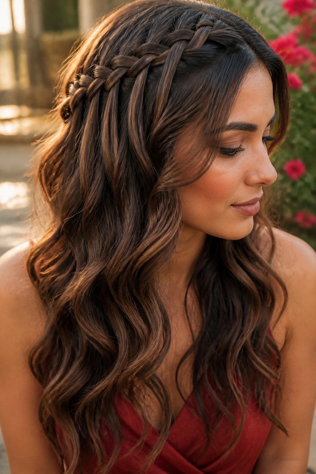 Real woman with waterfall braid and loose waves in golden hour garden light