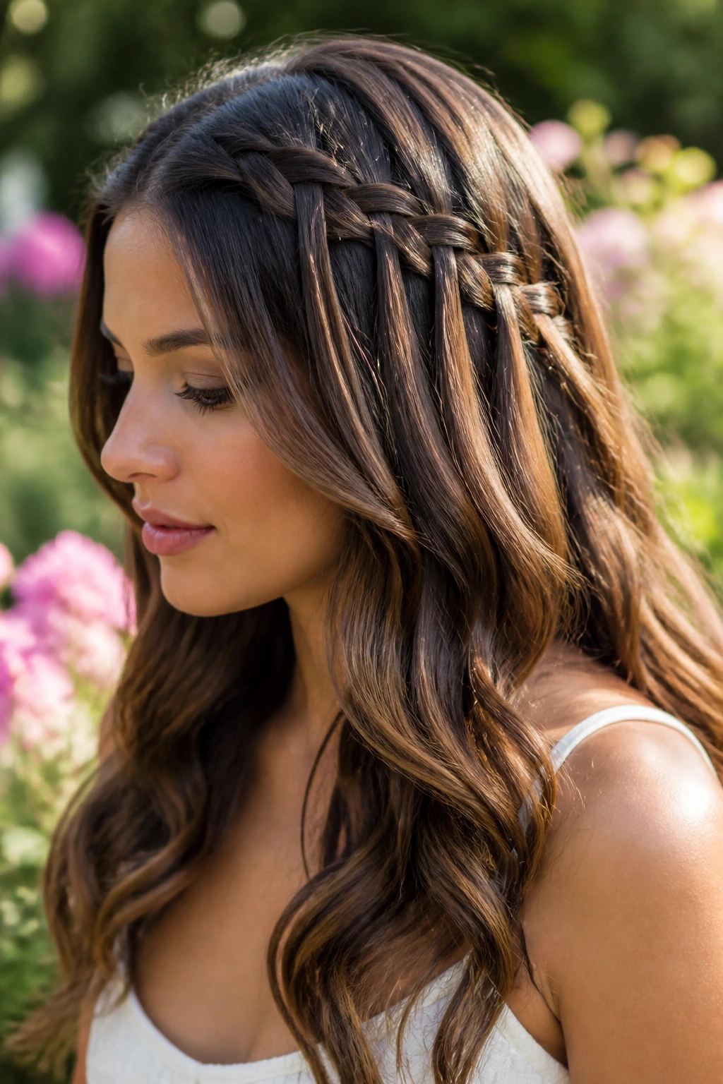 Close-up of a real person with a waterfall braid and loose waves in sunlight.