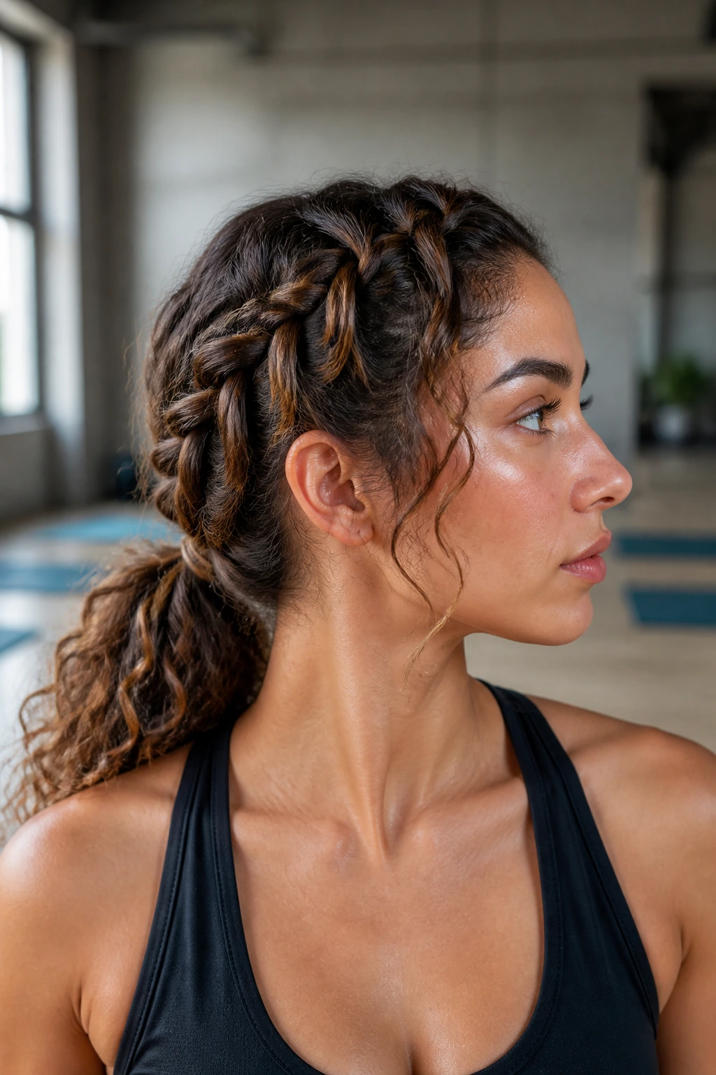 Real woman with waterfall braid flowing into a low ponytail in gym
