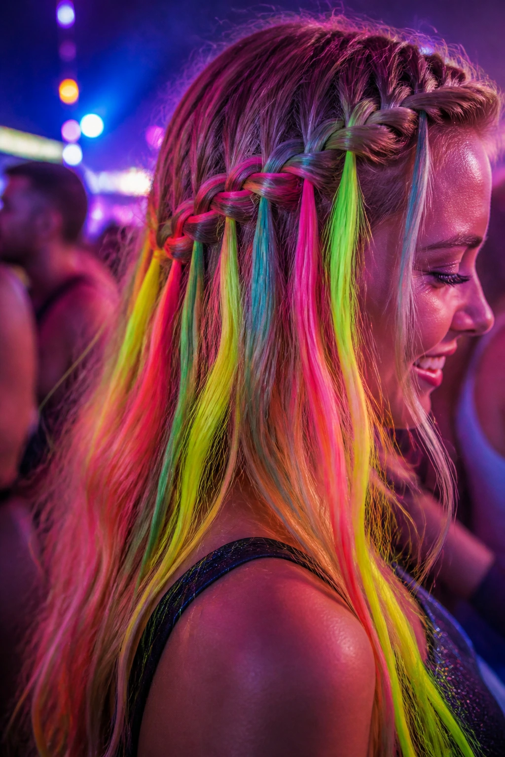 Waterfall braid with neon extensions on real person