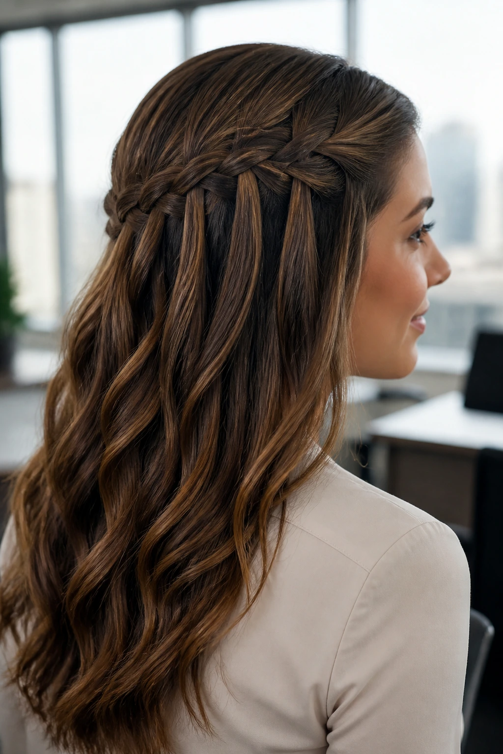 Close-up of a real woman with a waterfall braid in an office setting