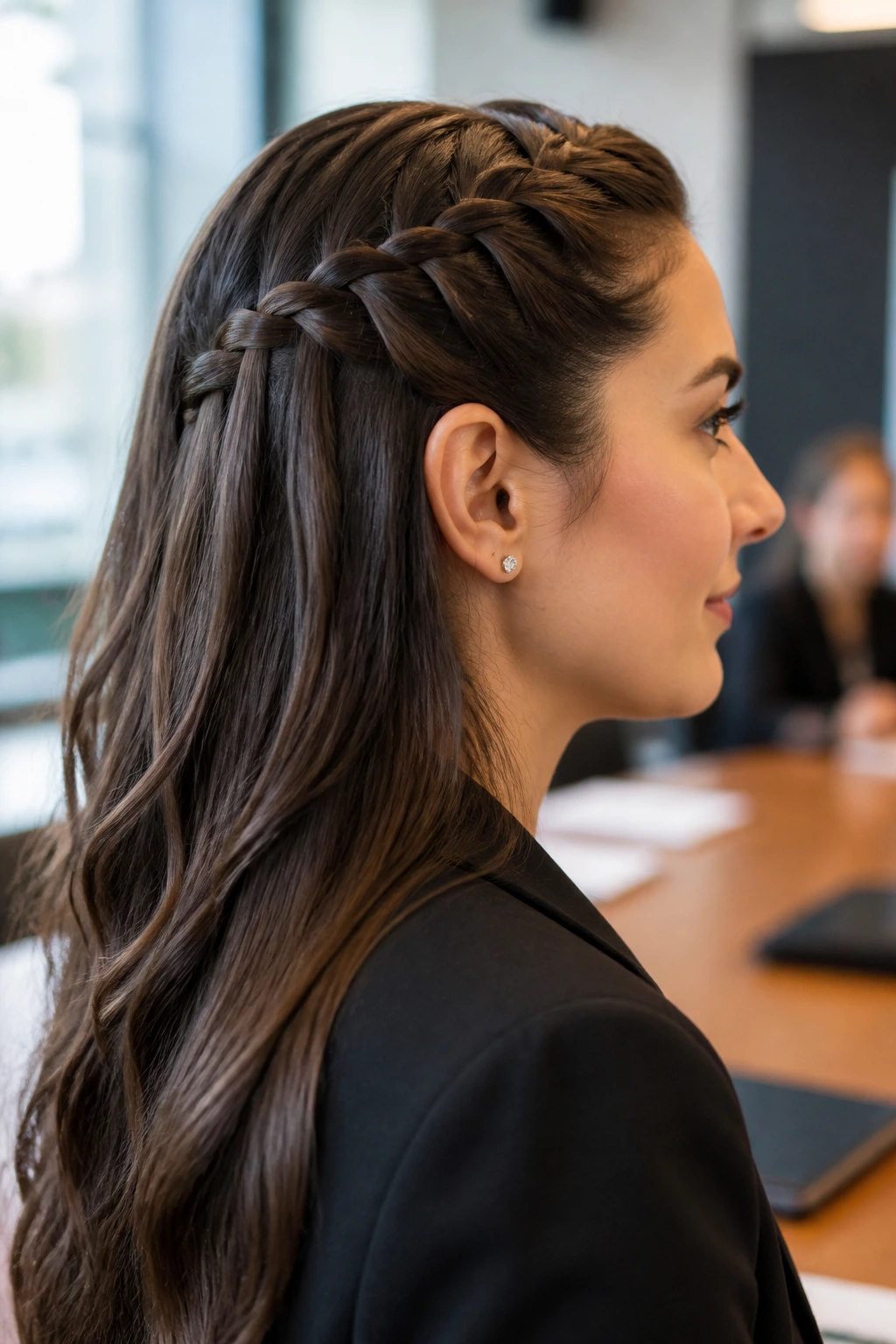 Side profile of a real woman with a waterfall braid tucked behind the ear