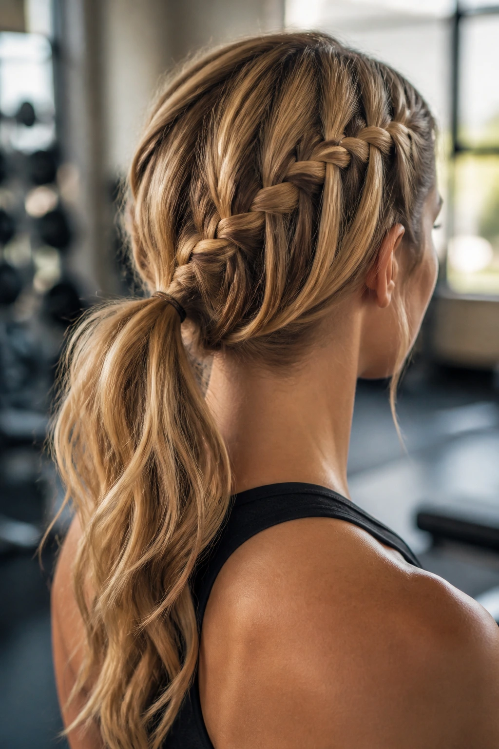 Close-up of a real woman with a waterfall braid that anchors into a ponytail