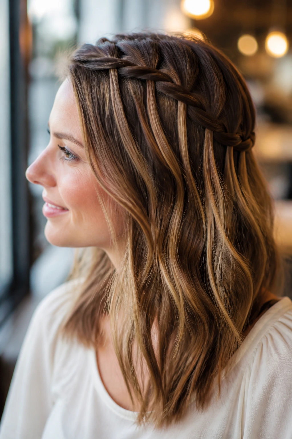 Real woman with a half-up waterfall braid in warm cafe window light.