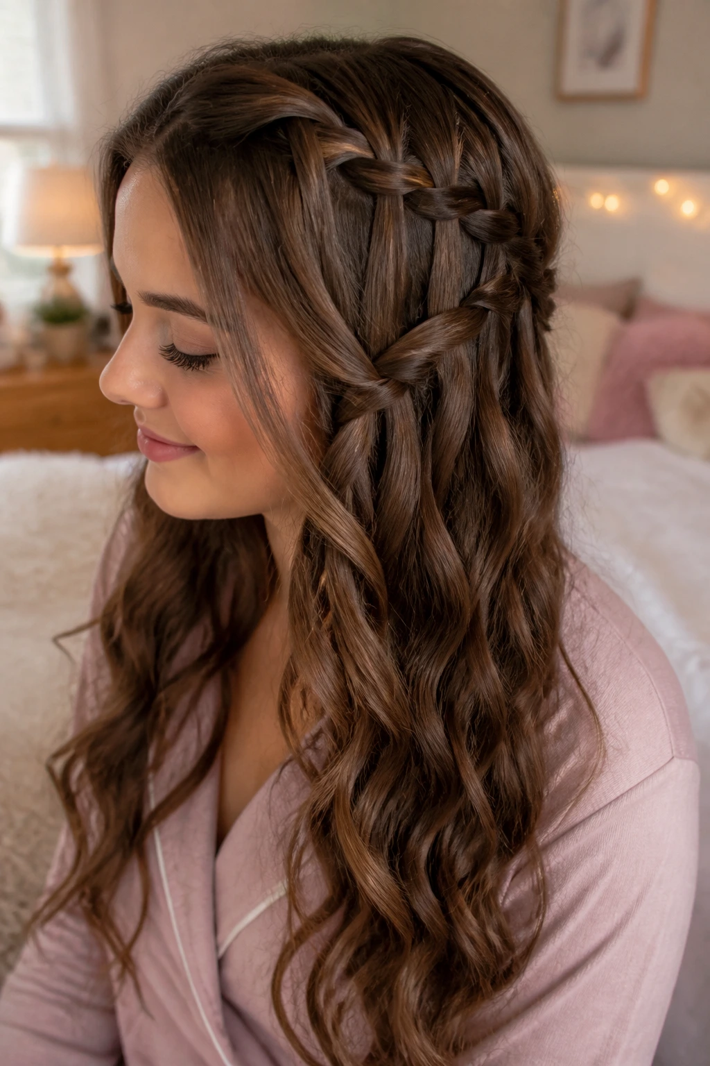 Close-up of a real woman with a waterfall braid with a twist