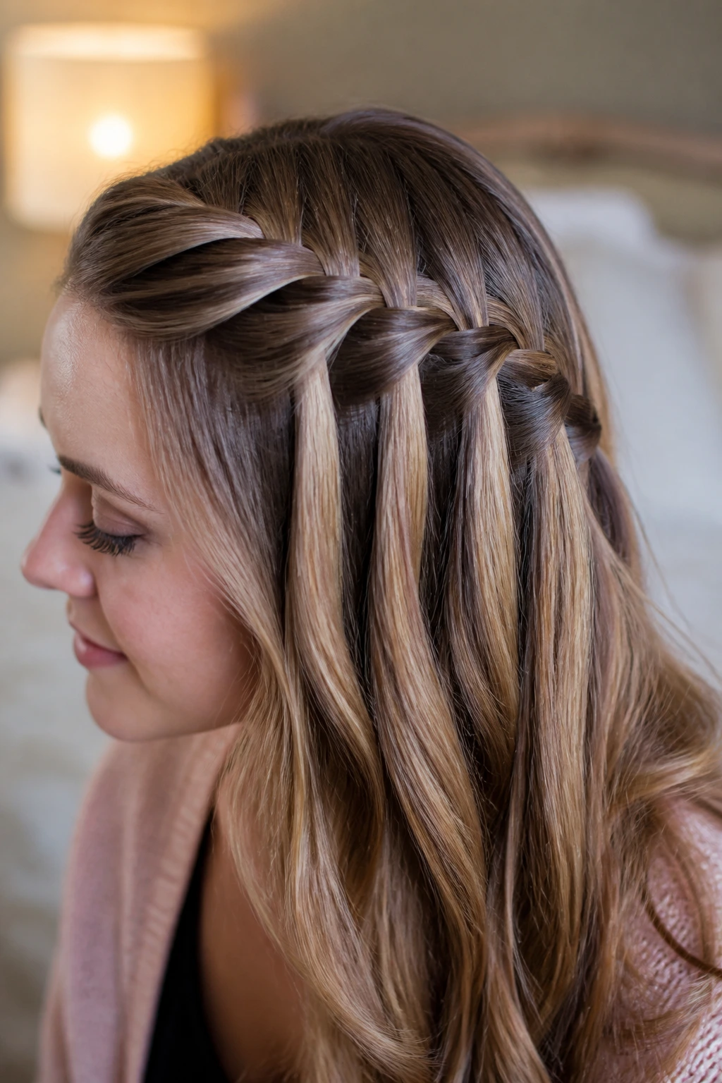 Close-up of a real woman with a waterfall braid along the side of the head
