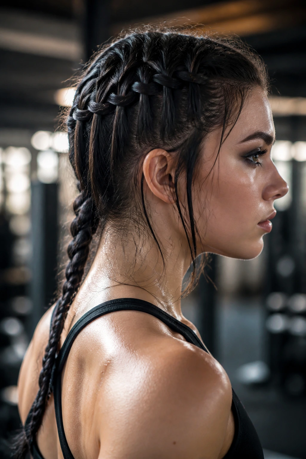 Close-up of a real woman wearing waterfall braids secured into a back braid in a gym