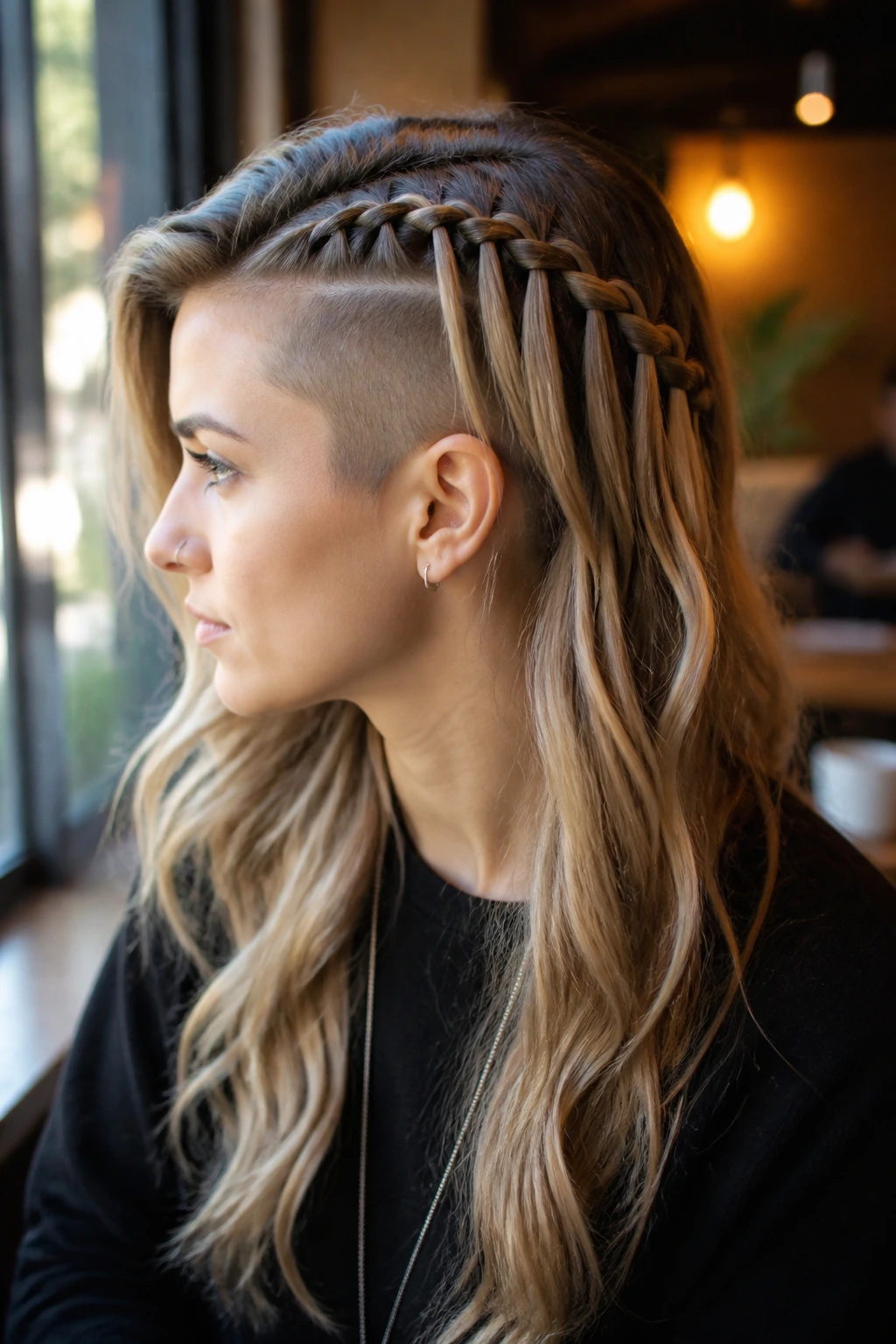 Side-profile of a real person with a waterfall braid and shaved sides