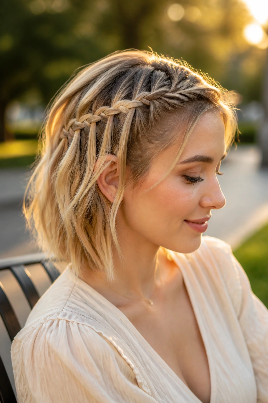 Close-up of a side-swept waterfall braid on short hair