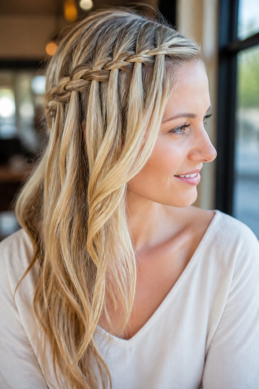 Side-profile of a blonde with a side-swept waterfall braid flowing over the shoulder.