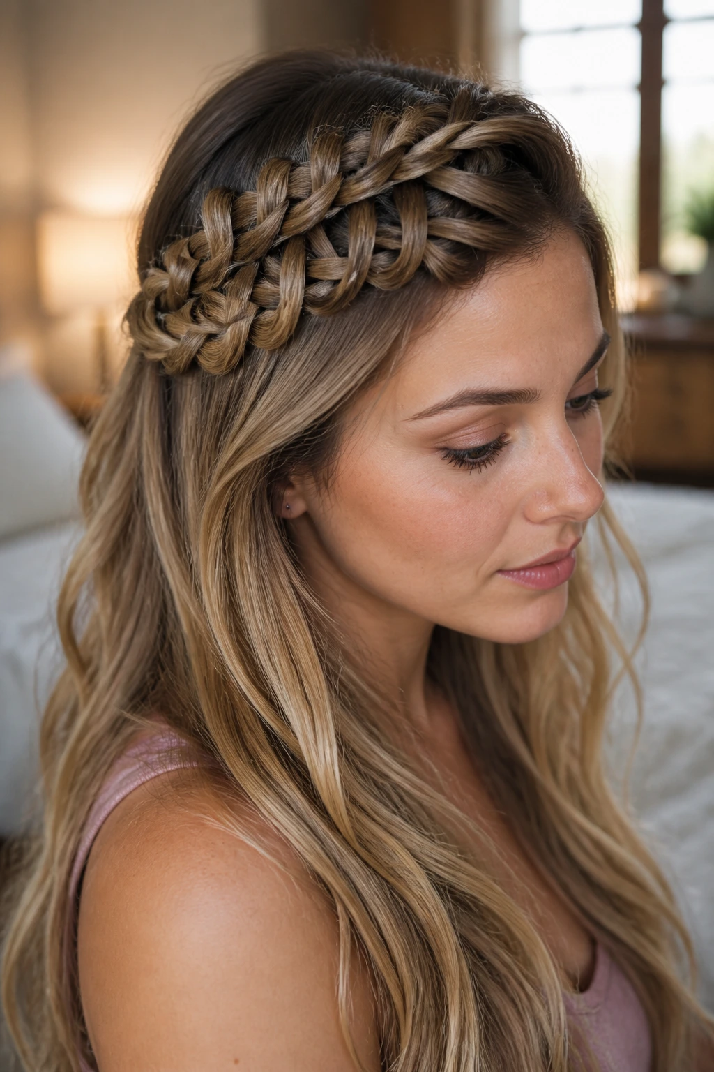 Close-up of a woman with a deep side-part waterfall French braid along the hairline