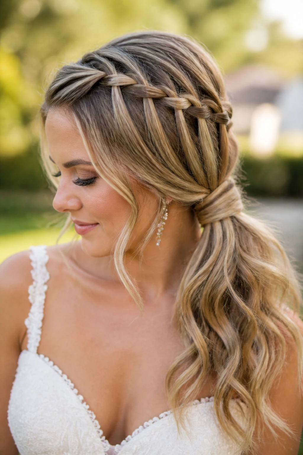 Bride with waterfall braid transitioning into a side ponytail