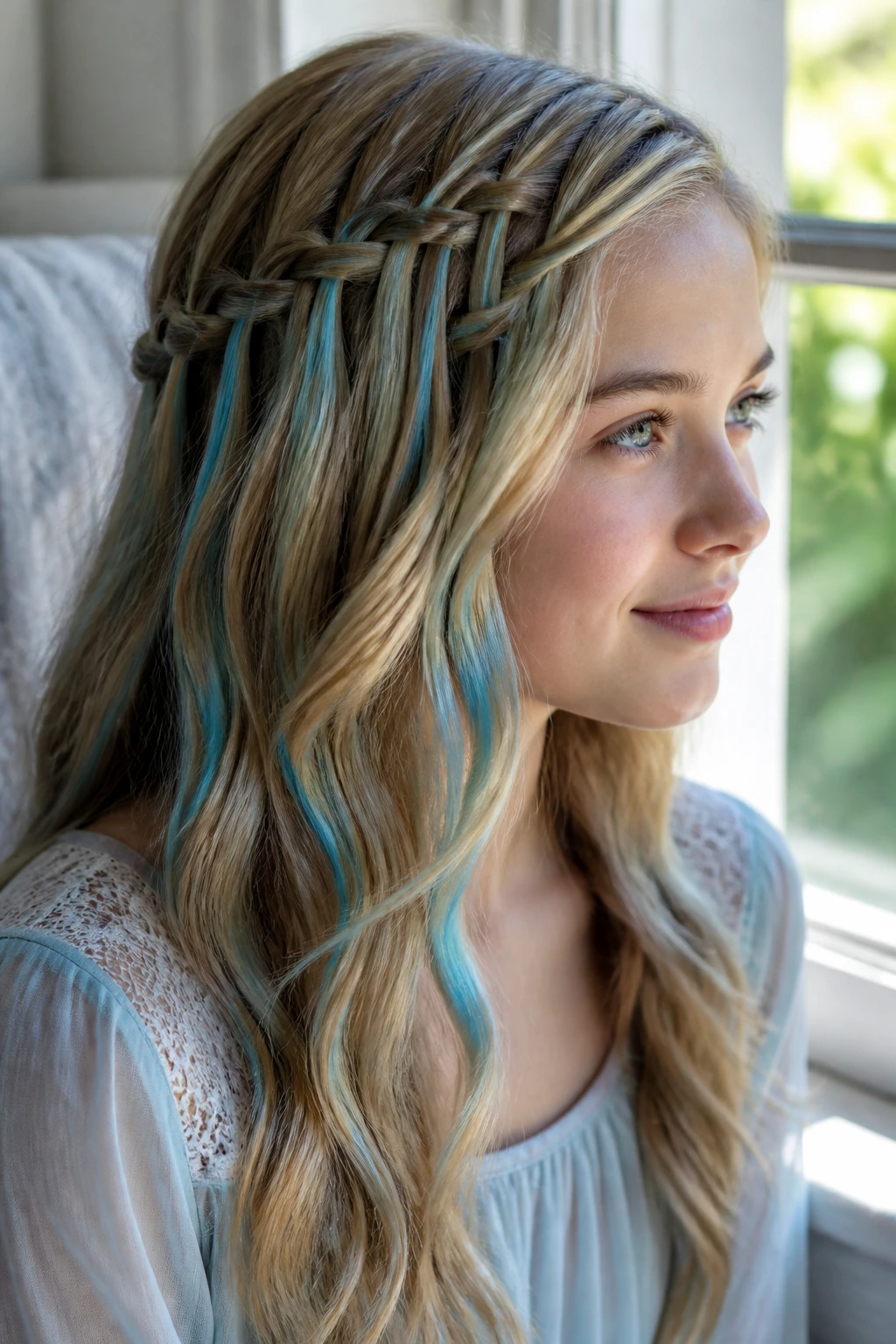 Close-up of real person with a side waterfall braid