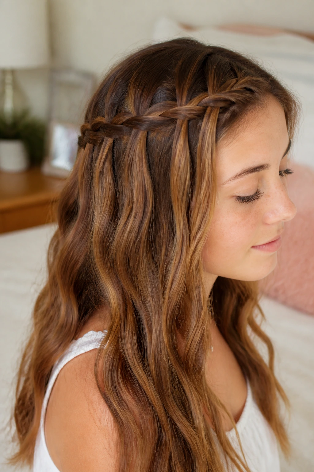 Close-up of a real person with a single waterfall braid at the temple