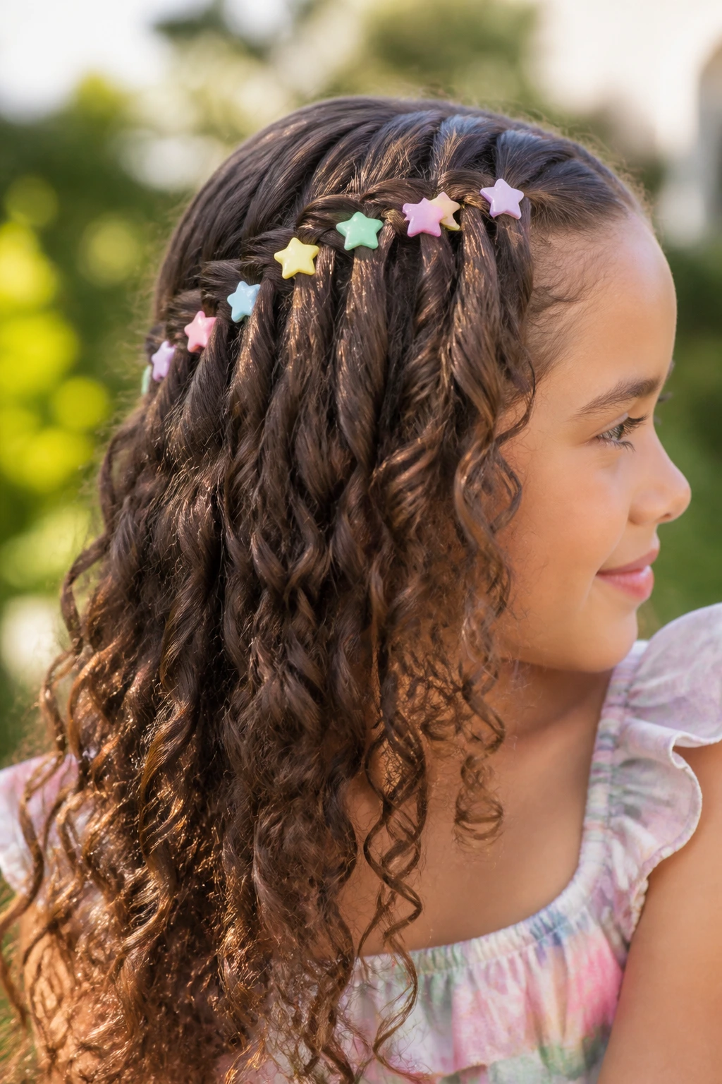 Close-up of real person with waterfall braid and pastel star clips