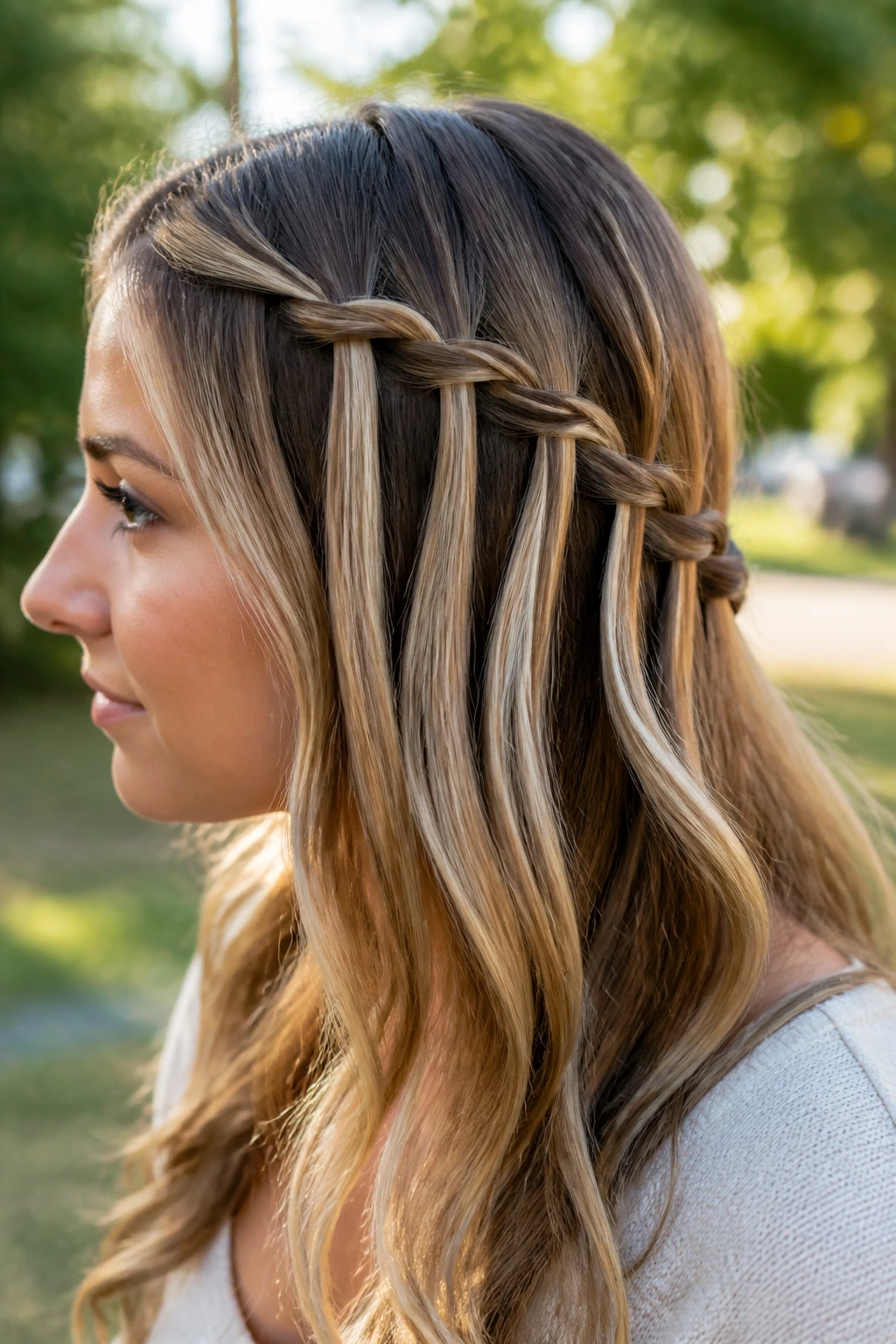 Close-up of a real woman with a waterfall braid at the temple in outdoor light