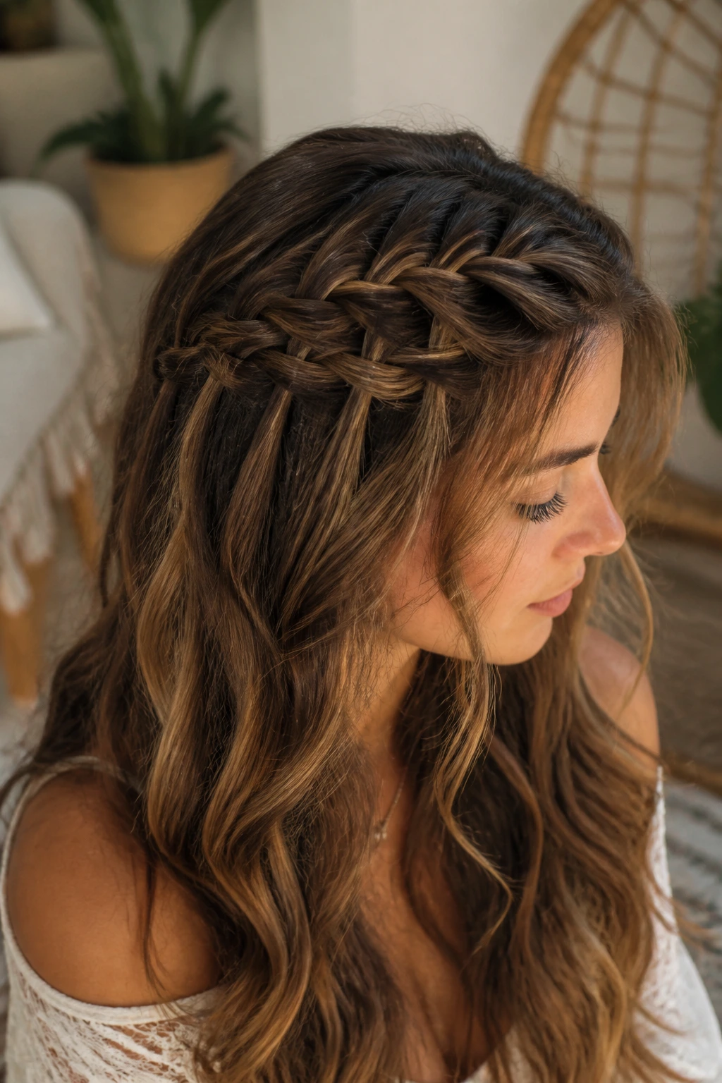 Two waterfall braids on the top layer with distinct drops in a warm living room setting