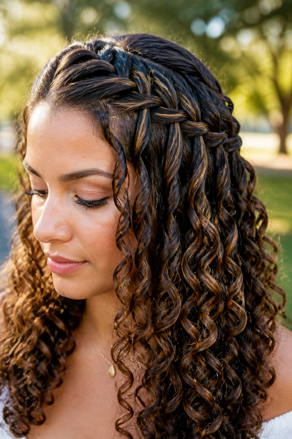Close-up of a real woman showing a twisted waterfall braid with loose curls