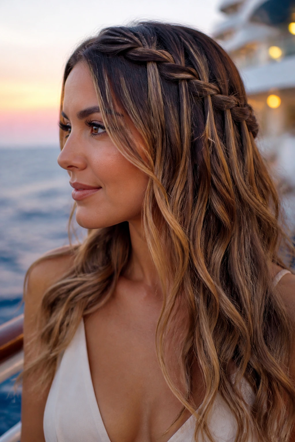 Woman with waterfall braid and cascading waves on a cruise deck at dusk.
