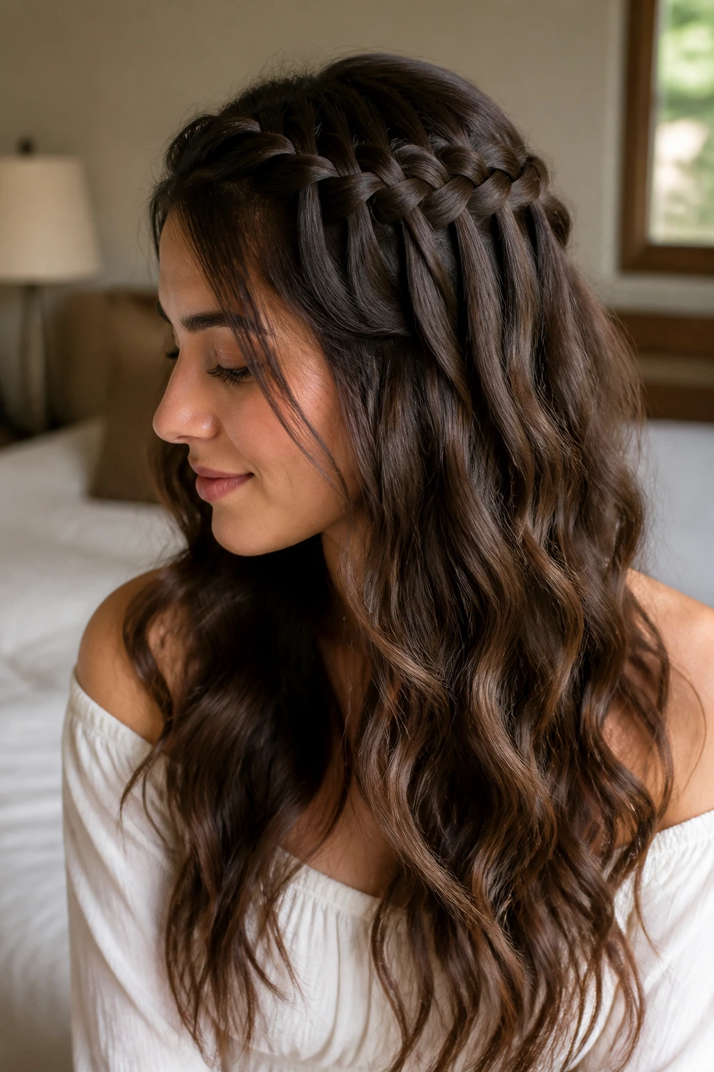 Close-up portrait of a woman with waterfall braid and loose waves