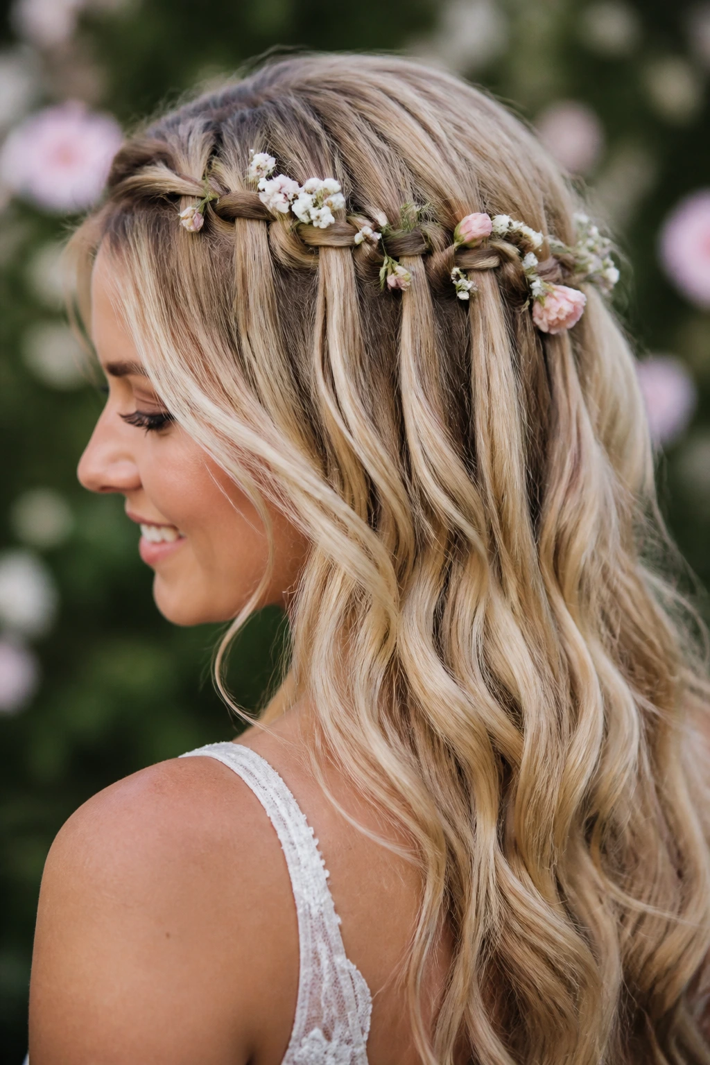 Close-up of a bride with a floral-intertwined waterfall braid in a garden setting.
