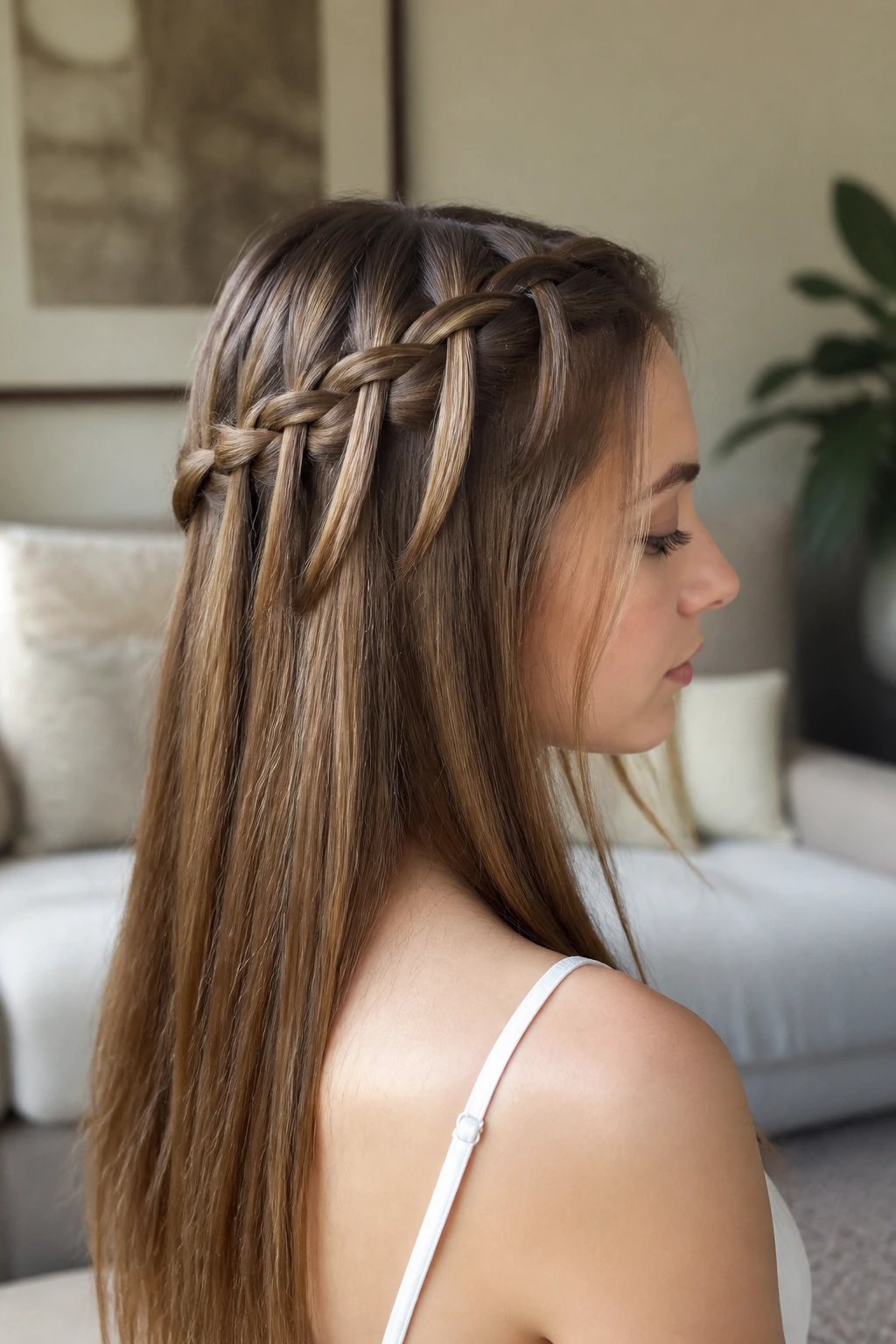 Close-up of a real person with a waterfall braid half-up look