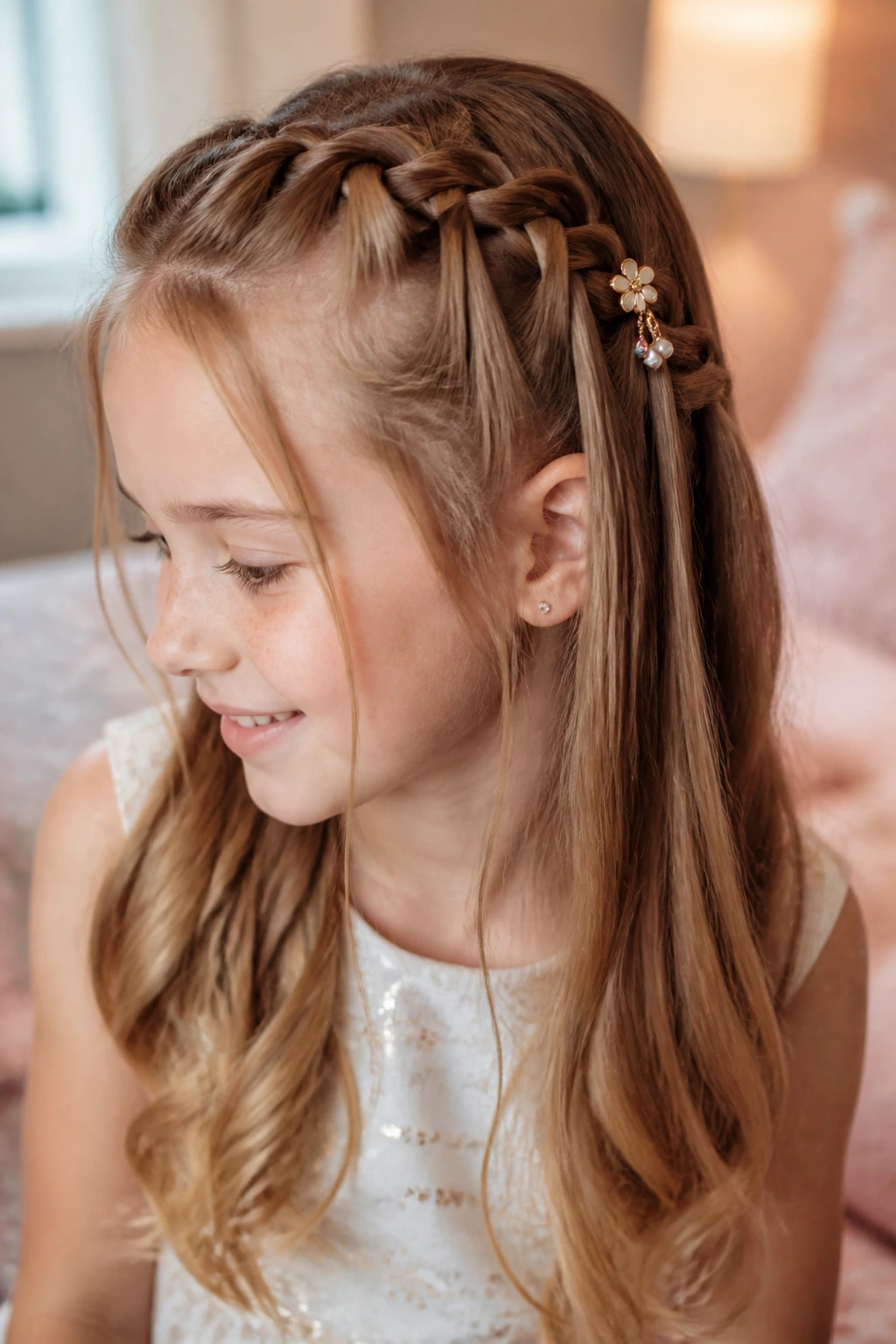 Close-up of a child with a waterfall braided half-up hairstyle